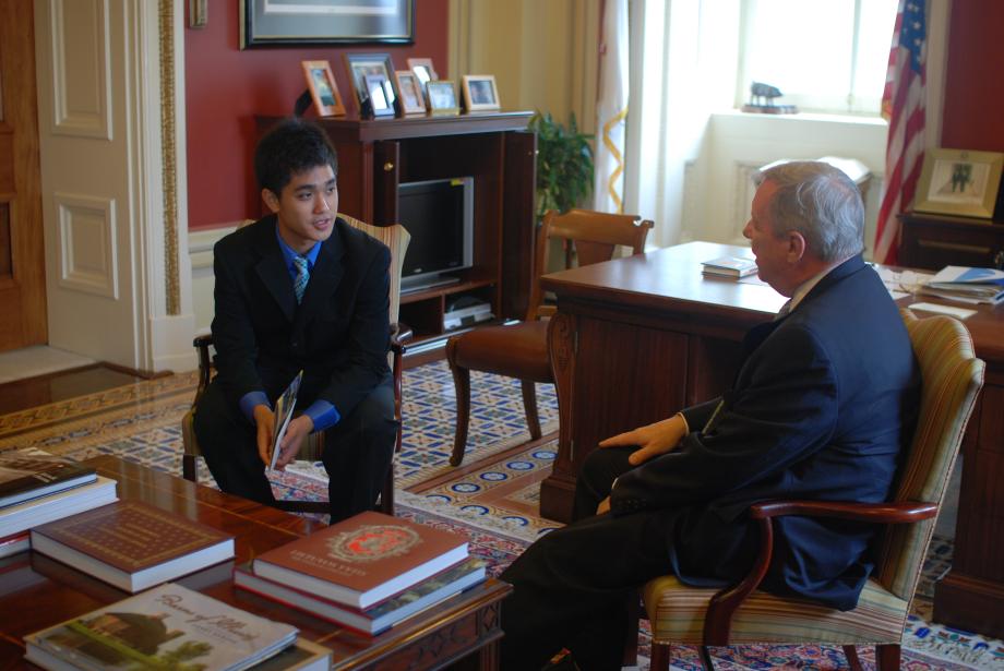 Durbin met with recipient of the Davidson Fellow Scholarship, Kevin Hu of Naperville, Illinois.